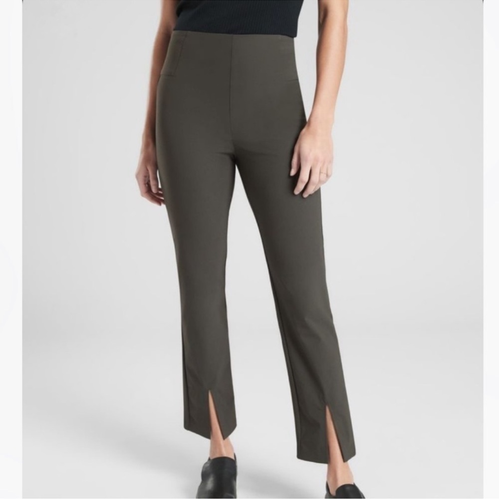 Athleta Wander Slim Straight Pants Ankle Length Front Slits Size 6 Women’s Green